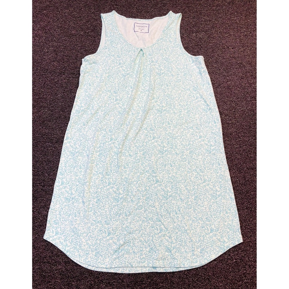 Charter Club Intimates Nightdress Womens Medium White Blue Floral Gathered Pleat